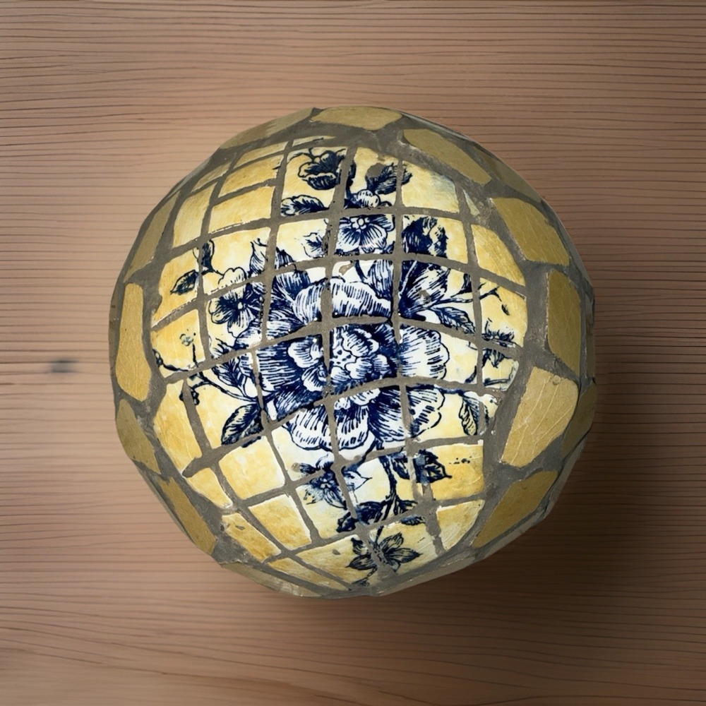 Mosaic Broken China Concrete And Ceramic Blue White Floral Decorative Ball Orb